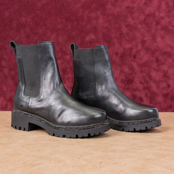 DKNY Women Rick Chelsea Black Leather Rhinestones Ankle Fashion Boots sz 6.5 - Picture 1 of 8